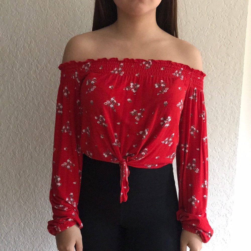 red off the shoulder shirt